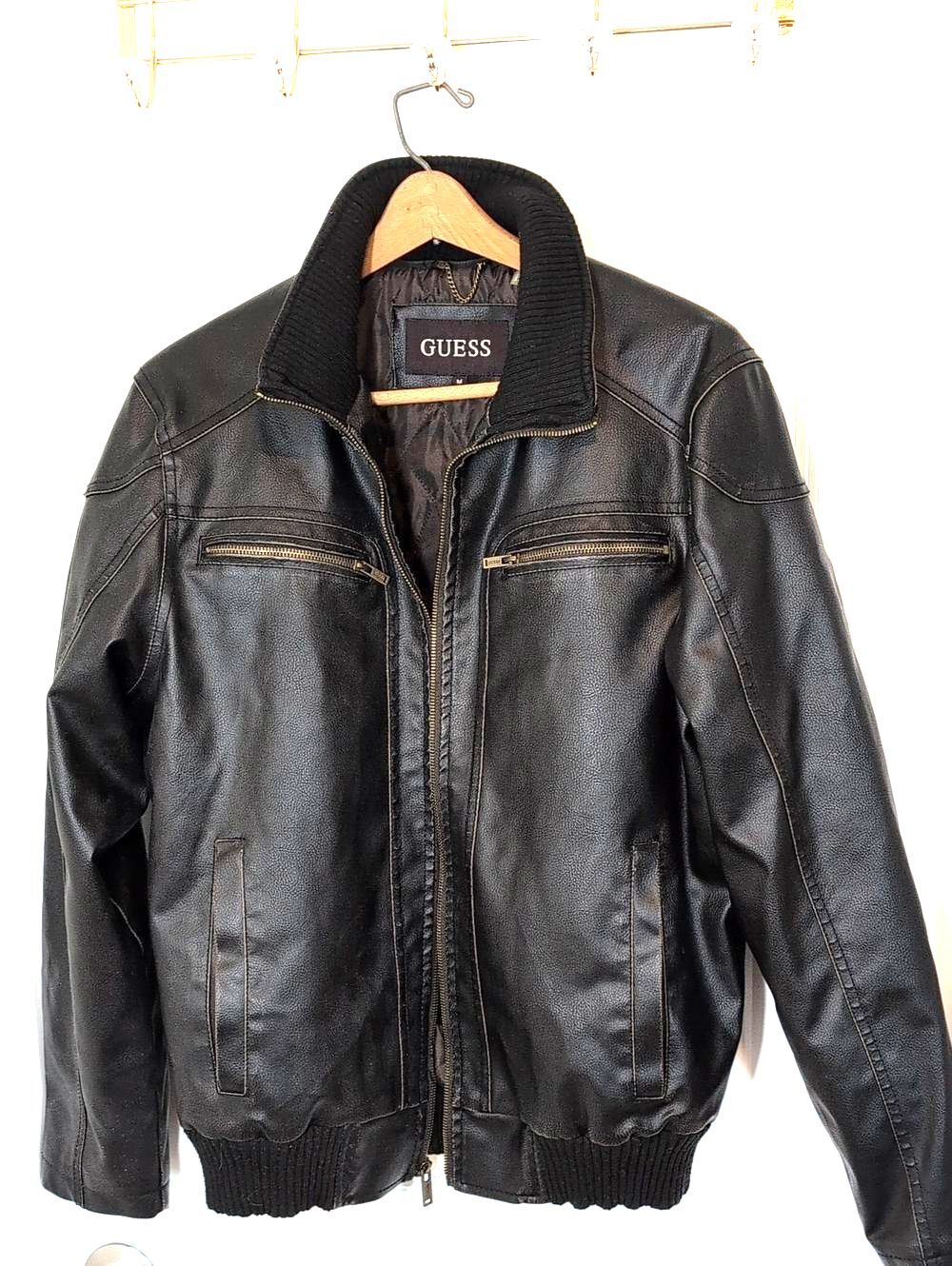 GUESS Black Faux Leather Bomber Jacket with Ribbed Collar